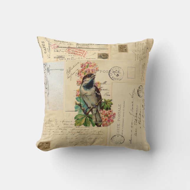 Vintage Vogel-Blumen-französisches Kissen (Vorderseite)