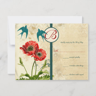 Vintage Vögel Damask Mohnhochzeit Einladung