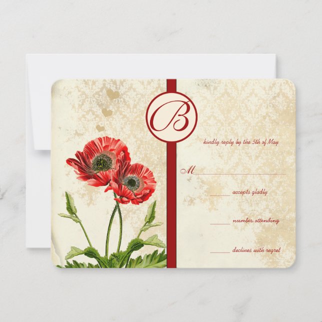 Vintage Vögel Damask Poppy Wedding RSVP (Vorderseite)