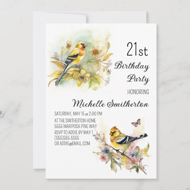 Vintage Vögel Gelbe Goldfinch 21. Geburtstag Einladung (Vorderseite)