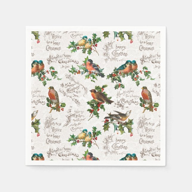 Vintage Vögel, Heilige Weihnachten und Grüße Serviette (Vorderseite)