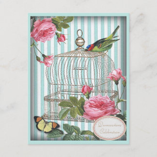 Vintage Vögel, Käfig, Schmetterling und Rose Quinc Einladung