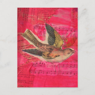 Vintage-Vogel-Mixed-Media-Collage in Hotpink Postkarte