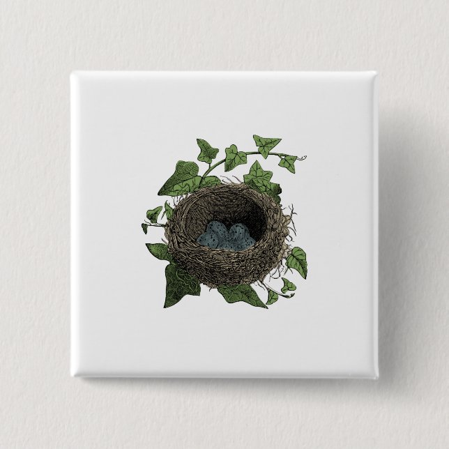 Vintage Vogel-Nestillustration Button (Vorderseite)