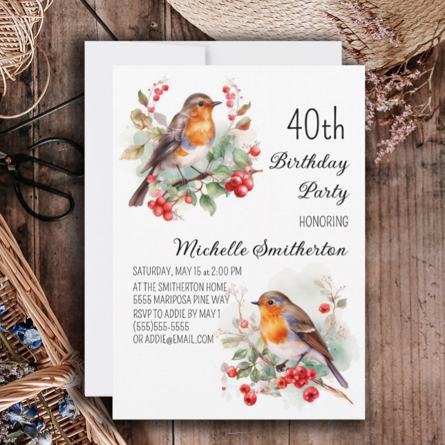 Vintage Vögel Robin RedBrust 40. Einladung (Robin redbreast 40th birthday party invitation)