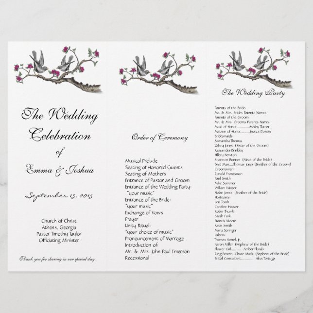 Vintage Vögel Rosa florales TriFold Hochzeitsprogr (Vorderseite)