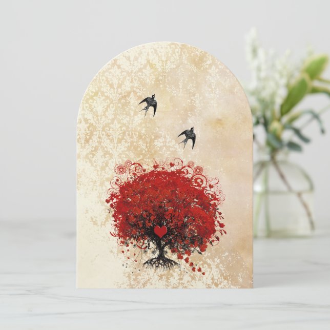 Vintage Vögel Tee  Leaf Rote Bäume Einladung (Stehend Vorderseite)