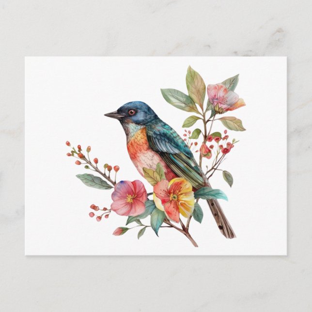 Vintage Vögel und Blumen Postkarte (Vorderseite)