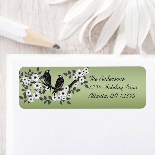 Vintage Vögel Weiße Blume Weihnachtsgrün Labels (Insitu)