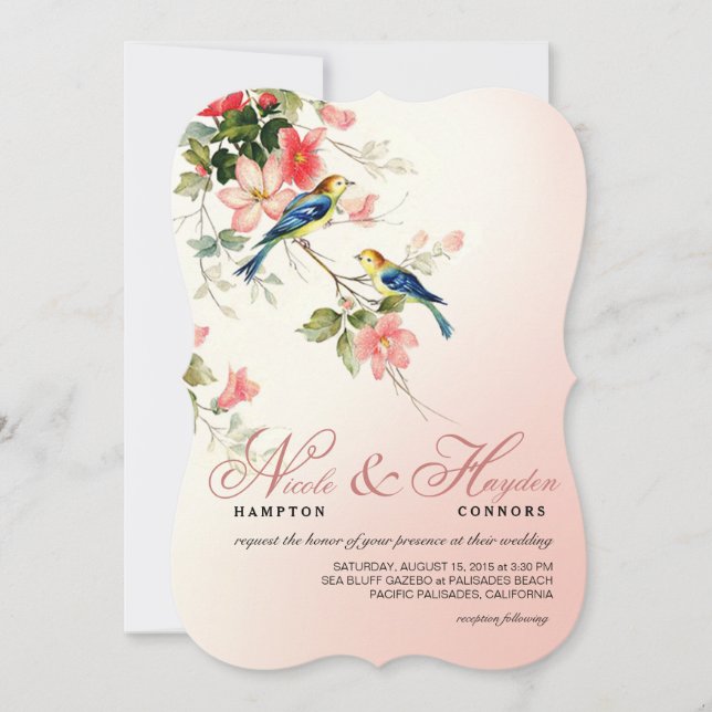 Vintage Vogelhochzeit| Rosa Rosa weiß Einladung (Vorderseite)