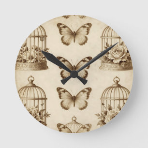 Vintage-Vogelkäfig-Schmetterlingsrose-Sepia-Muster Runde Wanduhr