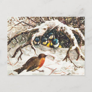 Vintage Vogelprägung im Schneeweihnachtsurlaub Feiertagspostkarte