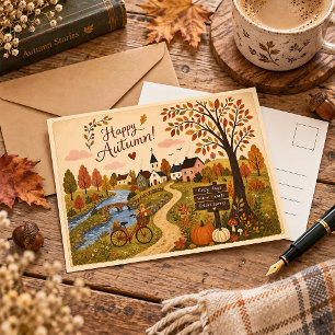 Vintage-Volkskunst-Herbst-Cottage-Dorf-Gruß Postkarte