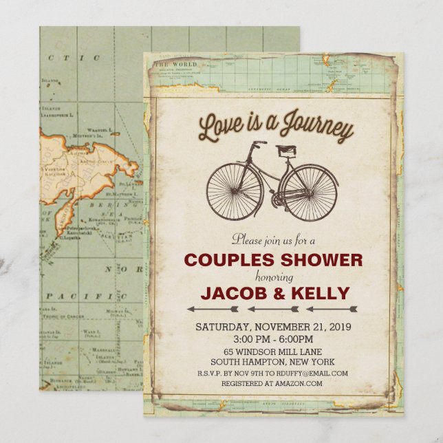 Vintage Voyage Vélo Couples Douche Invitation (Devant / Derrière)