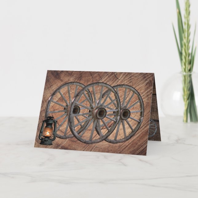 Vintage Wagenradkarte aus Holz Karte (Vorderseite)
