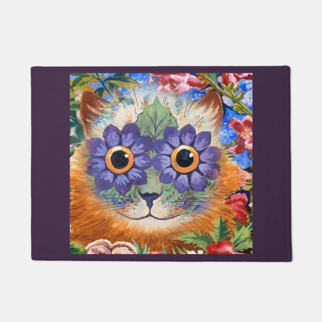 Vintage Wain lila Hippie-Blumen-Katzen-Kunst Fußmatte (Vorderseite)
