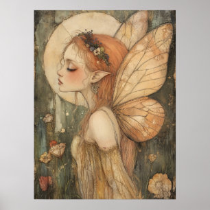 Vintage-Waldfee mit Blumenkrone Fantasy-Kunst Poster