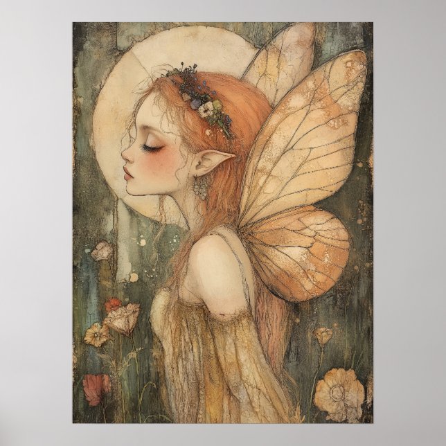 Vintage-Waldfee mit Blumenkrone Fantasy-Kunst Poster (Vorne)