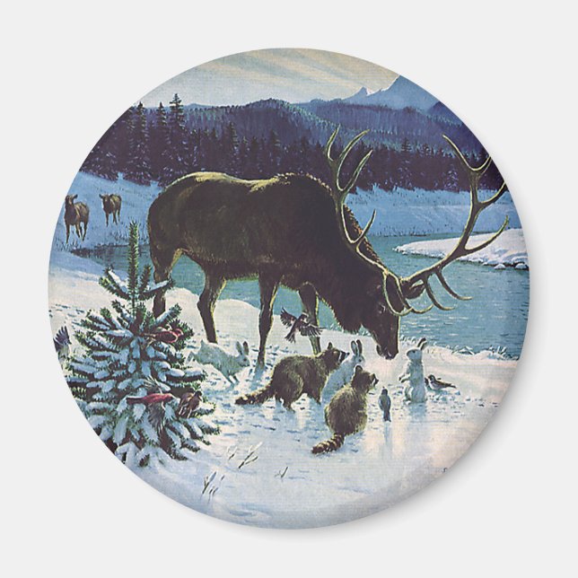 Vintage Waldkreaturen und Elche im Winterschnee Magnet (Vorne)