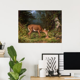 Vintage-Waldlandschaft mit Hirschkuh und Rehkitz, Poster