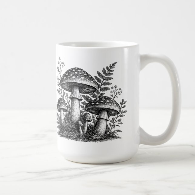 Vintage-Waldpilze Linolschnitt Kaffeetasse (Rechts)