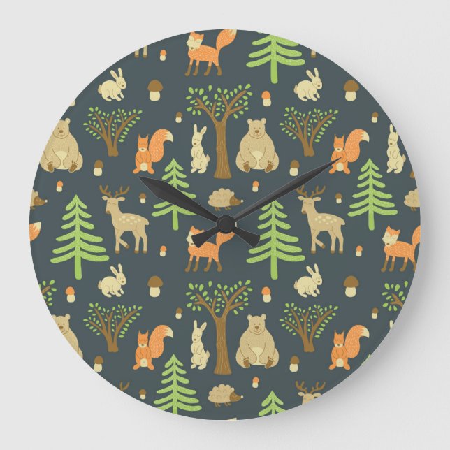 Vintage Waldtiere, Kindermuster. Große Wanduhr (Vorderseite)