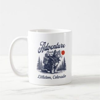 Vintage-Wanderkatze-Abenteuer wartet auf benutzerd Kaffeetasse