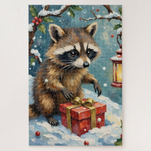 Vintage-Waschbär öffnet Weihnachtsgeschenkbox-Kuns