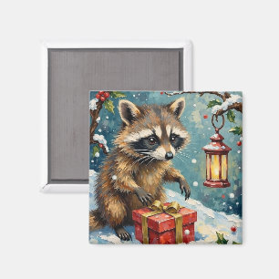 Vintage-Waschbär öffnet Weihnachtsgeschenkbox-Kuns Magnet
