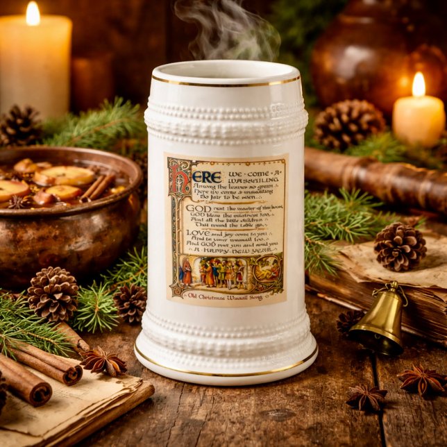 Vintage Wassail-Lied illuminierte Manuskriptkunst Bierglas (Von Creator hochgeladen)