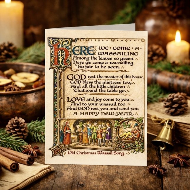 Vintage Wassail-Lied illuminierte Manuskriptkunst Karte (Von Creator hochgeladen)