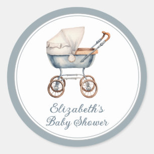 Vintage Wasserfarbe Blau Babywagen Personalisiert Runder Aufkleber