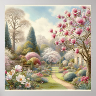 Vintage Wasserfarbe Blumengarten mit Magnolien Poster