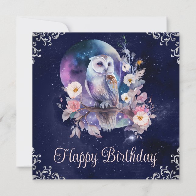 Vintage Wasserfarbe Himmelsfantasie Owl Geburtstag Karte (Vorderseite)