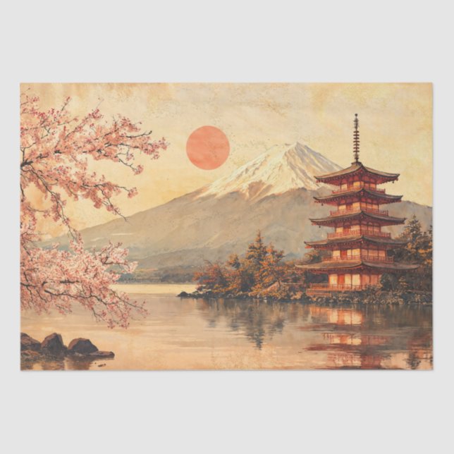 Vintage Wasserfarbe Mount Fuji Landschaft Seidenpapier (Vorderseite)