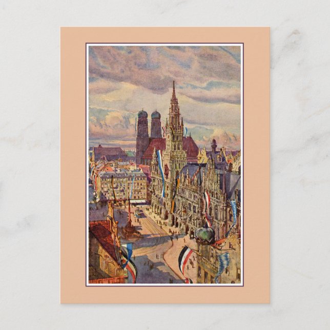 Vintage Wasserfarbe München Marienplatz Postkarte (Vorderseite)