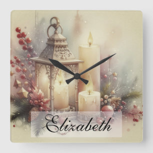 Vintage-Wasserfarbe-Weihnachtslaterne und -Ornamen Quadratische Wanduhr