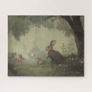 Vintage Wasserfarben-Hasenfamilie im Wald