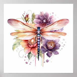 Vintage-Wasserfarben-Libelle & Blumen Poster
