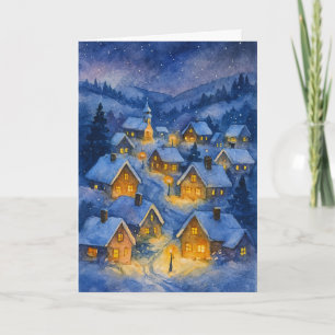 Vintage-Wasserfarben-Nacht-Dorf-Weihnachten Feiertagskarte