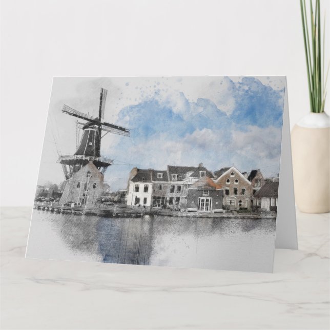 Vintage Wasserfarben Niederlande & Windmill Postca Karte (Vorderseite)