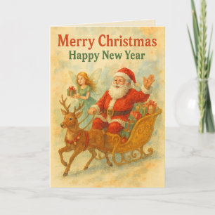 Vintage-Wasserfarben-Weihnachtsmann-Schlitten Weih Feiertagskarte