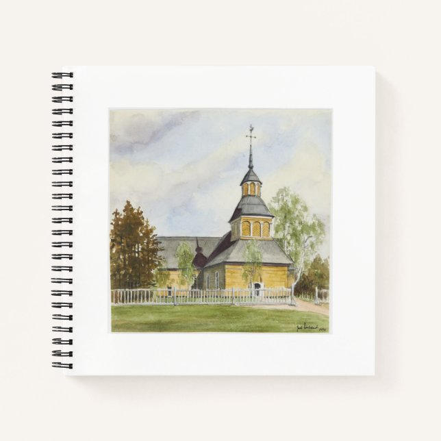 Vintage Wasserfarbenkirche in Finnland Notizbuch (Vorderseite)