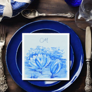 Vintage Wasserlilien - mit Monogramm blau Serviette