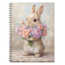 Vintage Watercolor Bunny with Floral Bouquet Noteb