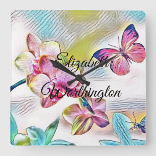 Vintage Watercolor of Pink Red Orchid Flowers   Quadratische Wanduhr