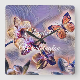 Vintage Watercolor White Purple Pink Orchid Flower Quadratische Wanduhr