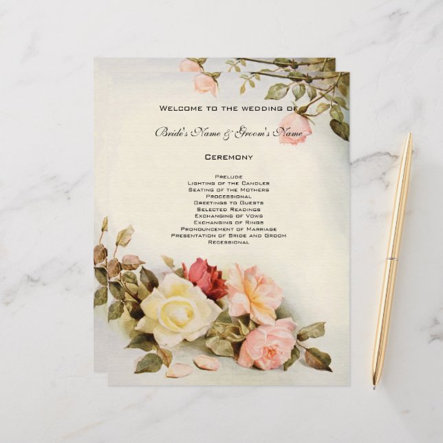 Vintage Wedding Antique Garden Rose Blume Programm (Vorderseite/Rückseite Beispiel)