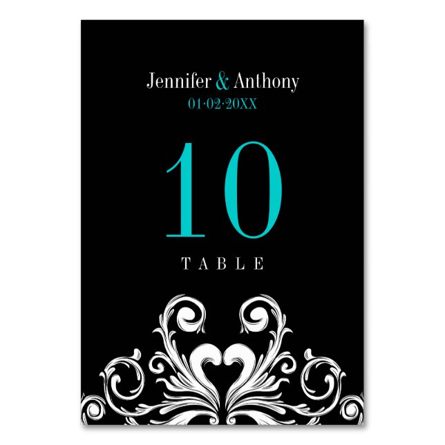 Vintage Wedding Aquamarin Black Tischnummer Card (Vorderseite)
