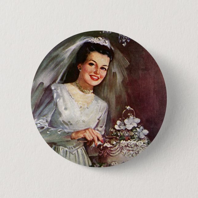 Vintage Wedding, Bride Cutting die Hochzeitstorte Button (Vorderseite)